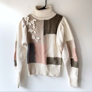 loveshackfancy allan patchwork floral appliqué knit sweater in morning dew